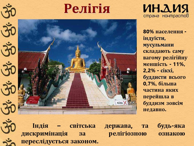 Релігія 80% населення - індуїсти, мусульмани складають саму вагому релігійну меншість - 11%, 